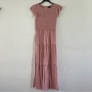 Smocked Bodice Pink Maxi Dress with Flutter Sleeves